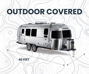 A silver Airstream trailer is displayed with the text "OUTDOOR COVERED" and "40 FEET" indicating its size.